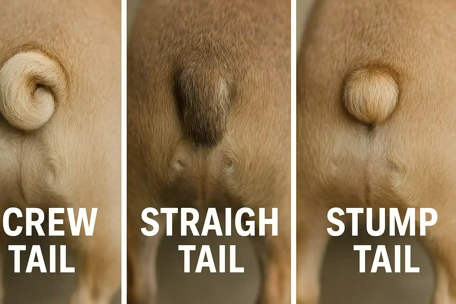 Four French Bulldogs showing different tail variations including screw tail, straight tail, stumpy tail and thick base tail