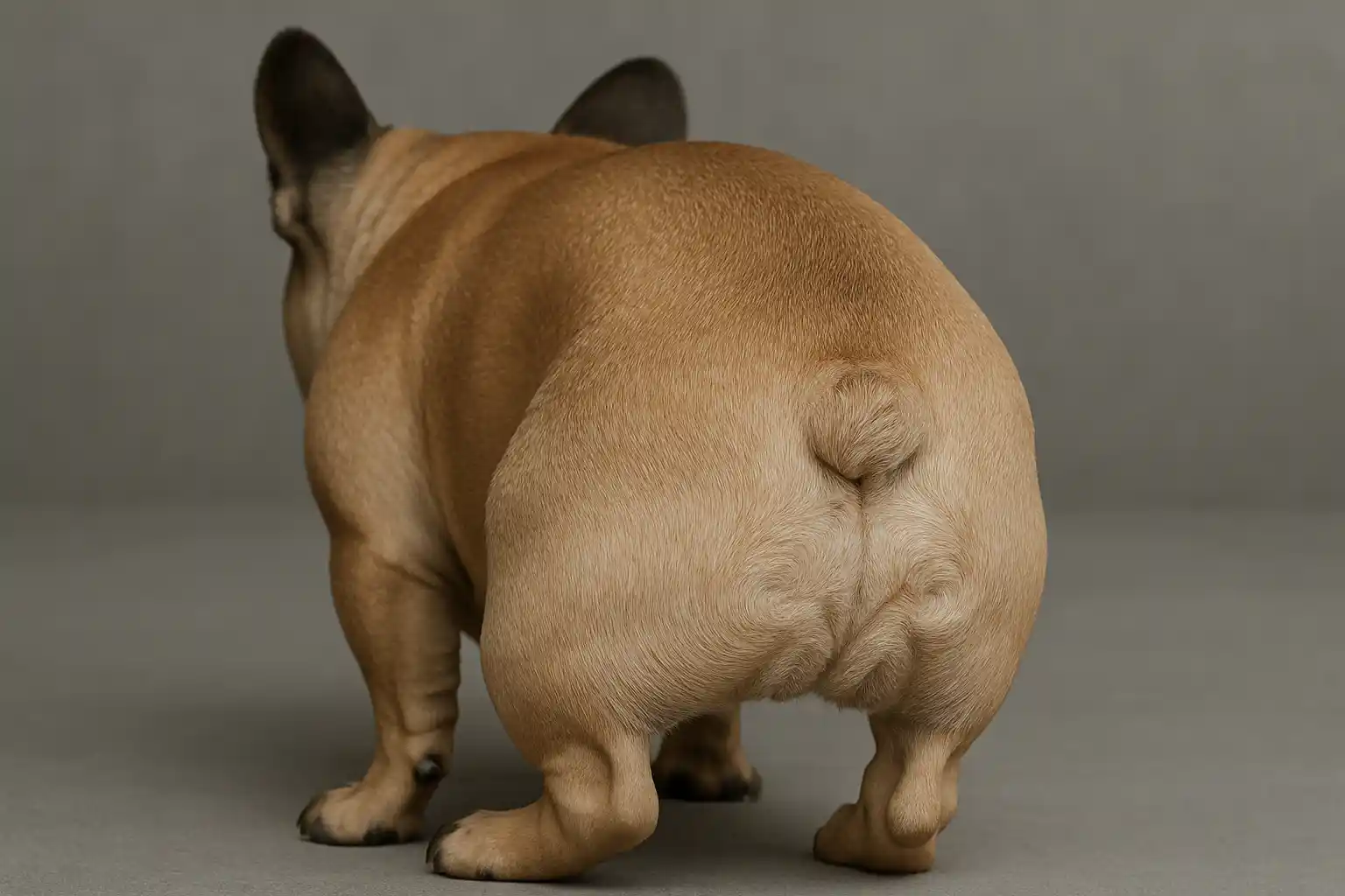 French Bulldog rear view showing minimal tail visibility with small tail tucked into body folds