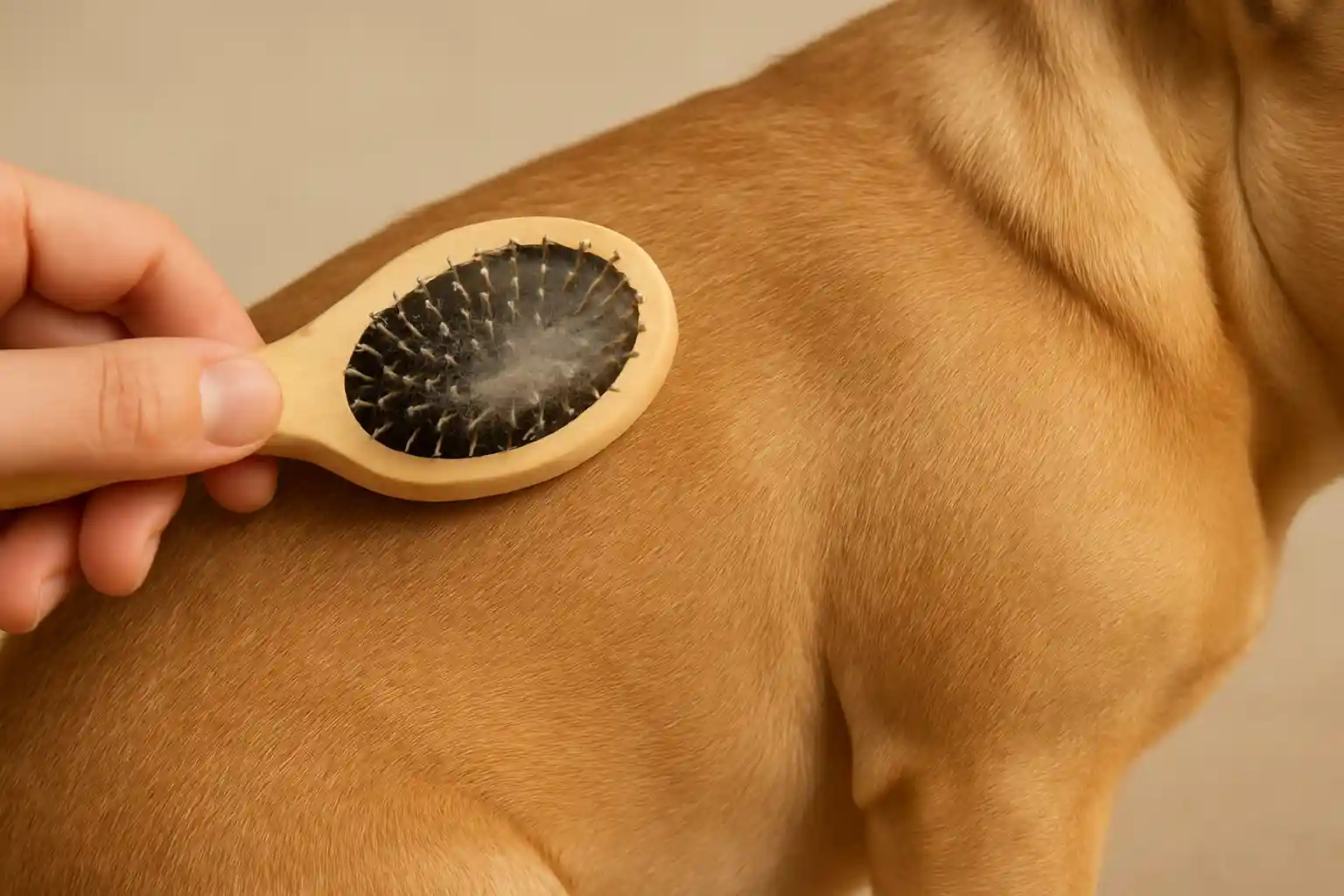 Short-haired French Bulldog being groomed with soft brush showing moderate shedding