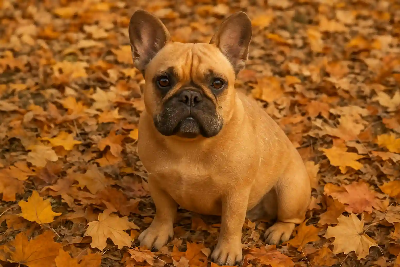 French Bulldog sitting in autumn leaves showing slightly increased seasonal shedding