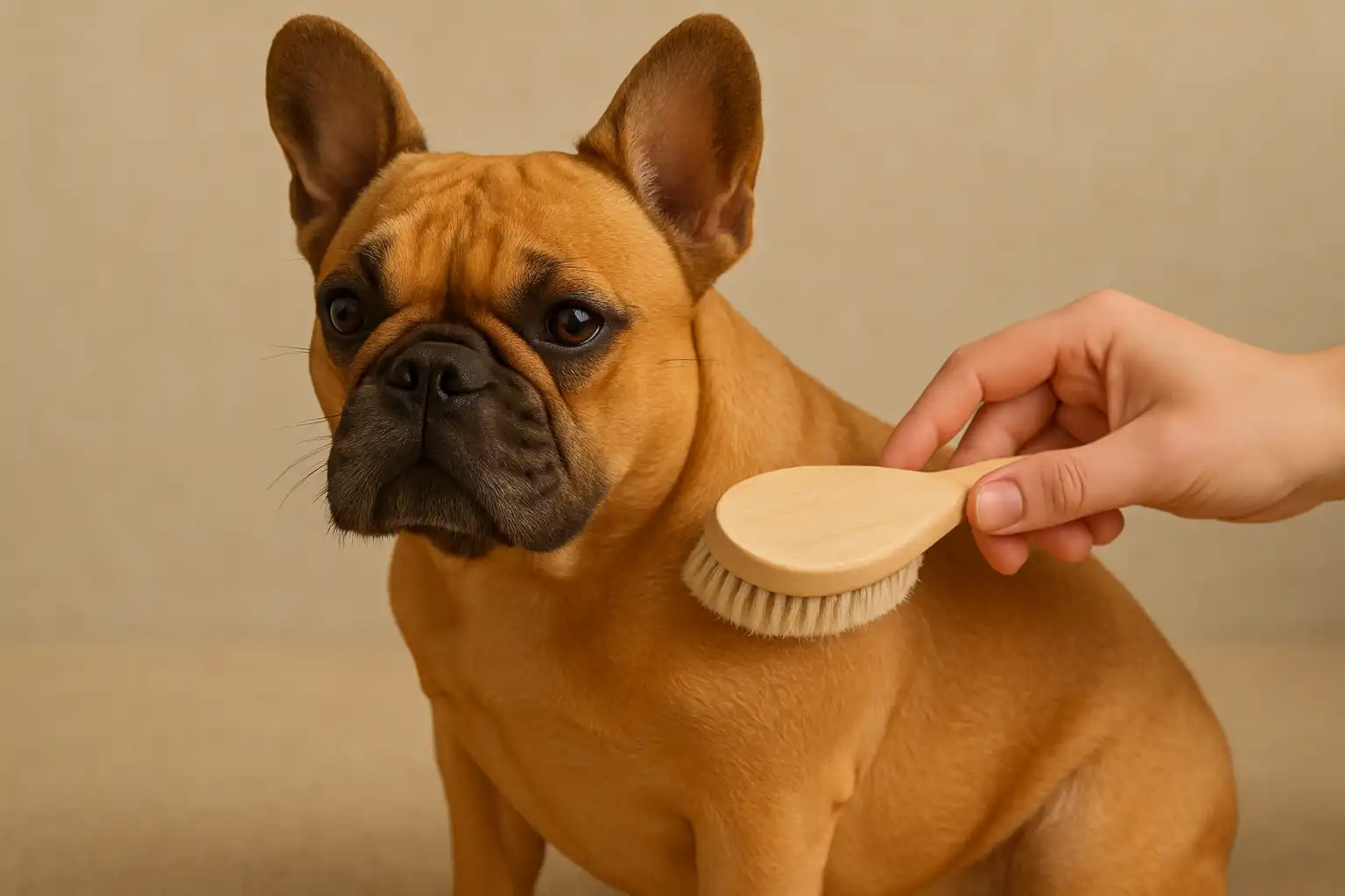 Owner using soft-bristle brush on French Bulldog coat to remove loose fur during weekly grooming