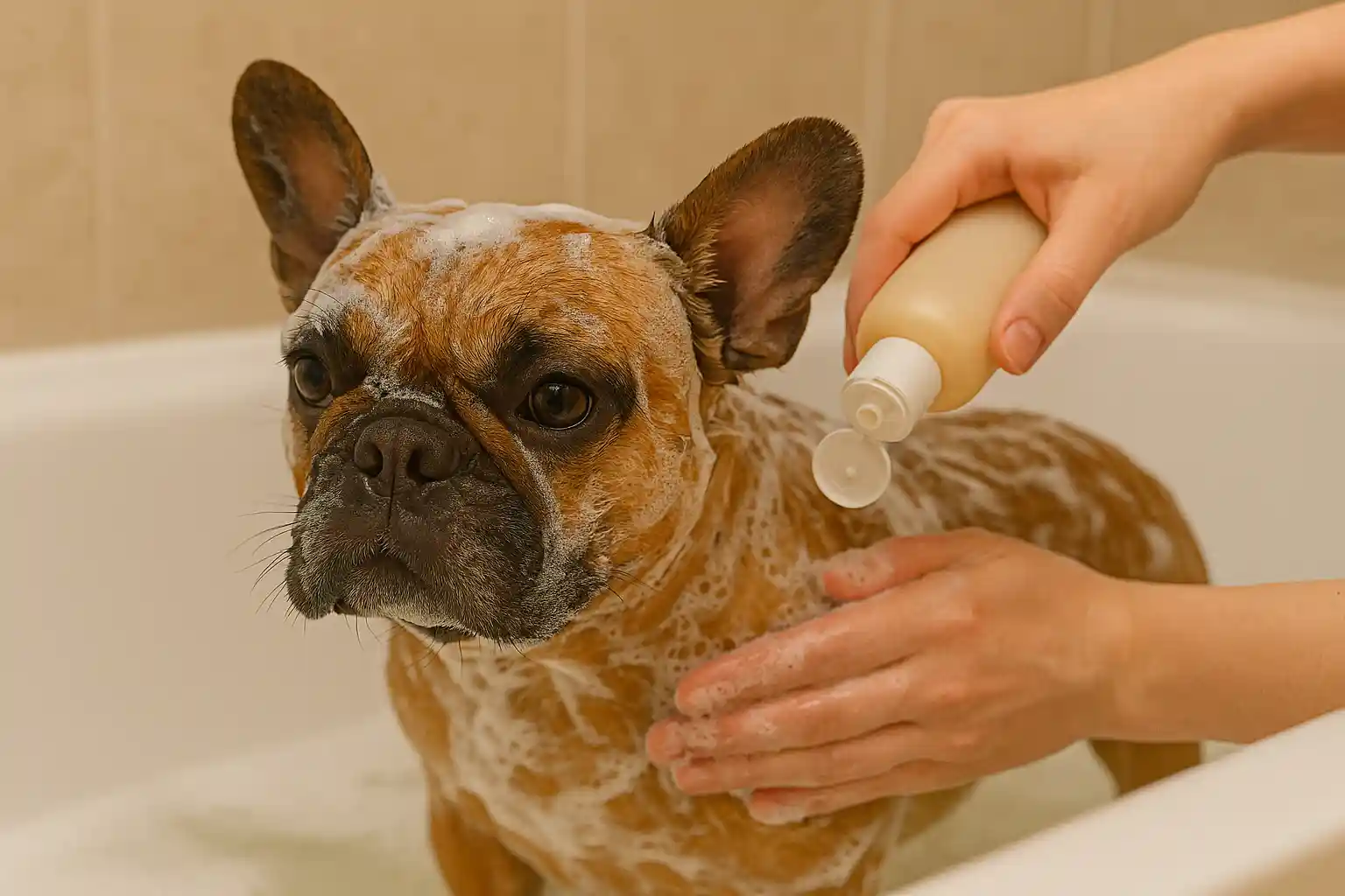 French Bulldog receiving monthly bath with gentle dog shampoo to maintain healthy coat