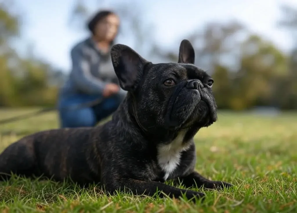 French Bulldog performing down-stay at distance - advanced French Bulldog training technique