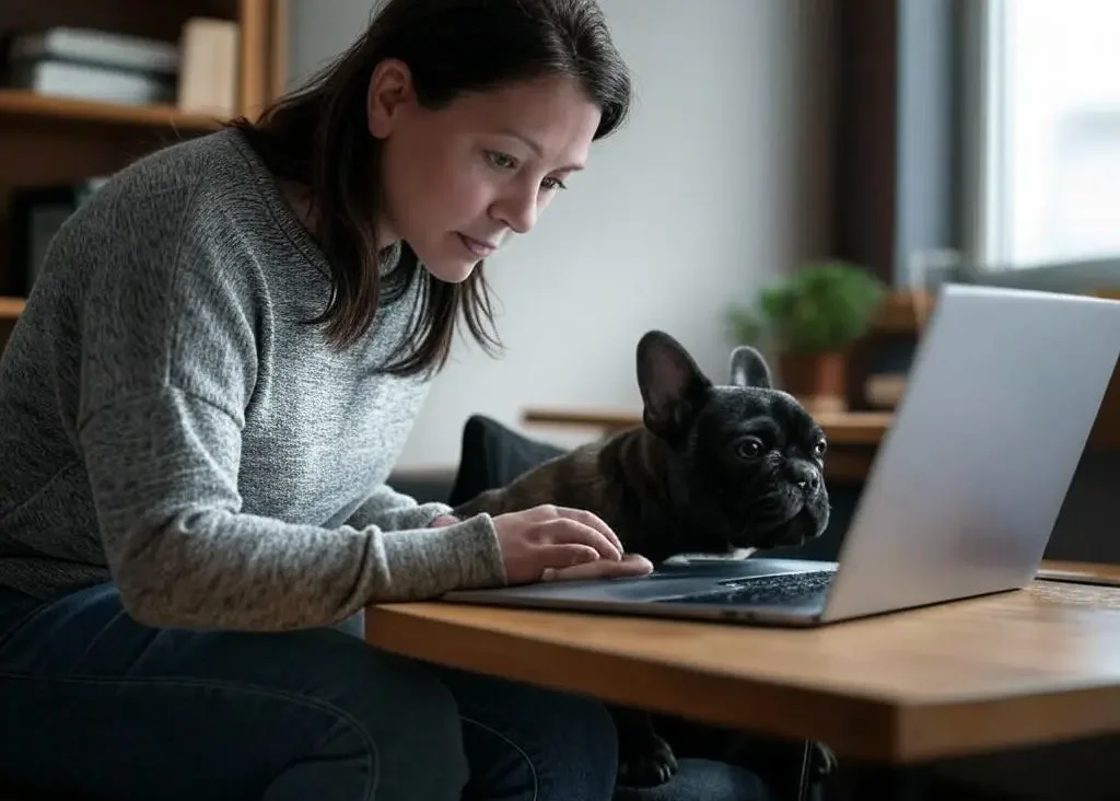 Dog owner using laptop to research French Bulldog training techniques at home