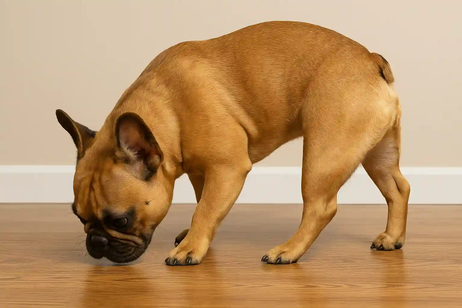 French Bulldog displaying common pre-potty behaviors including circling and sniffing