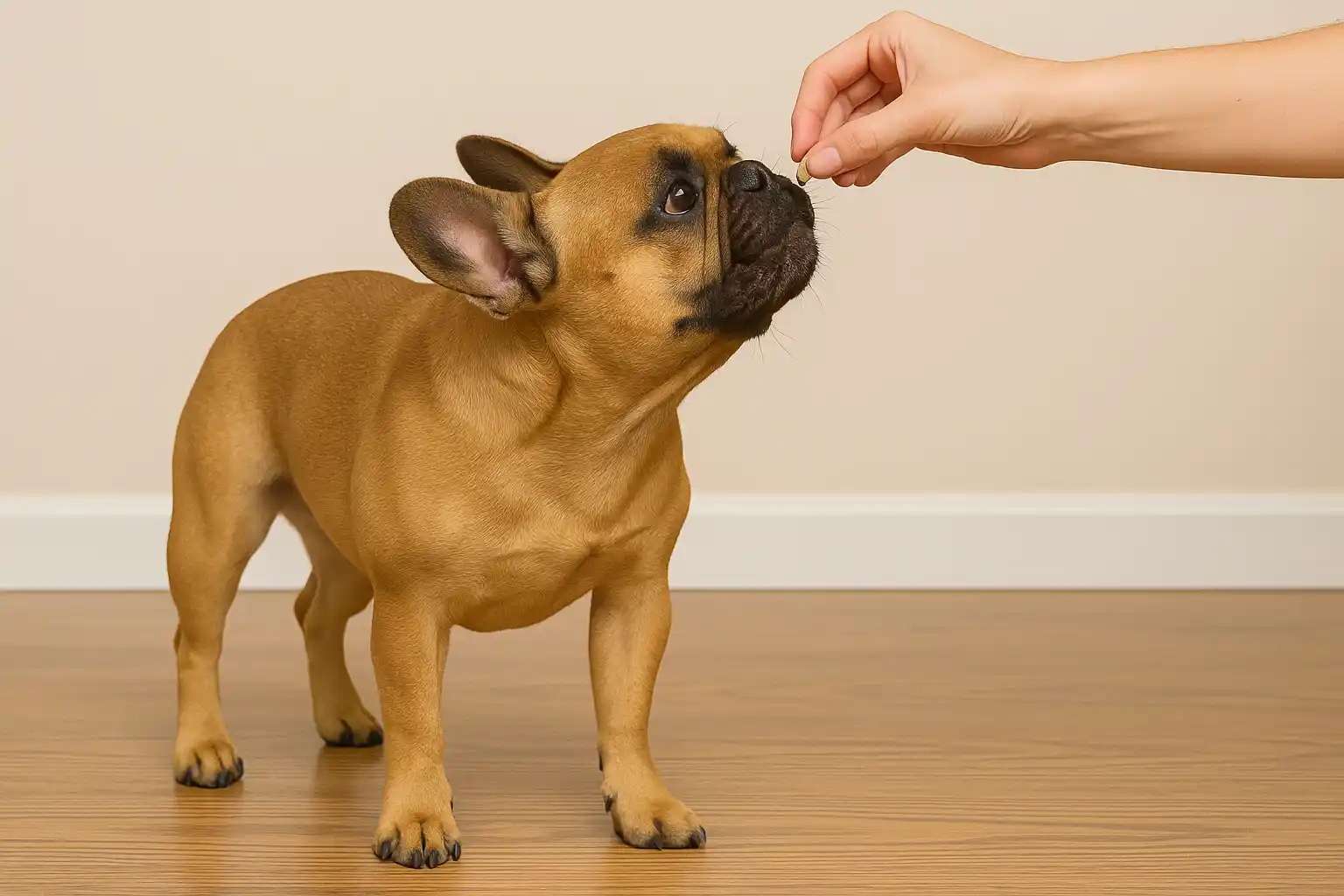 Rewarding French Bulldog with treats immediately after successful potty training