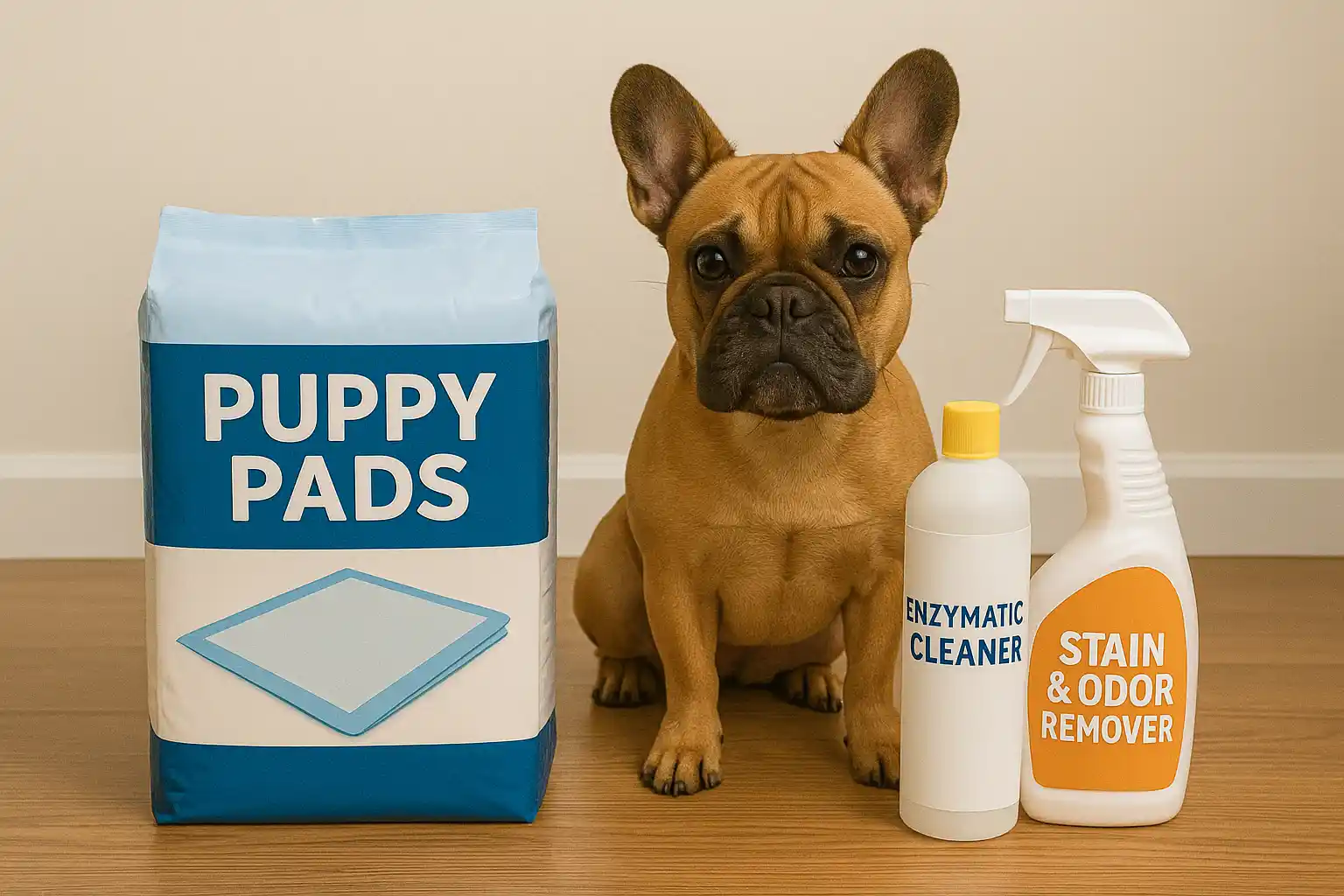 Essential supplies for French Bulldog potty training including pads and enzymatic cleaners