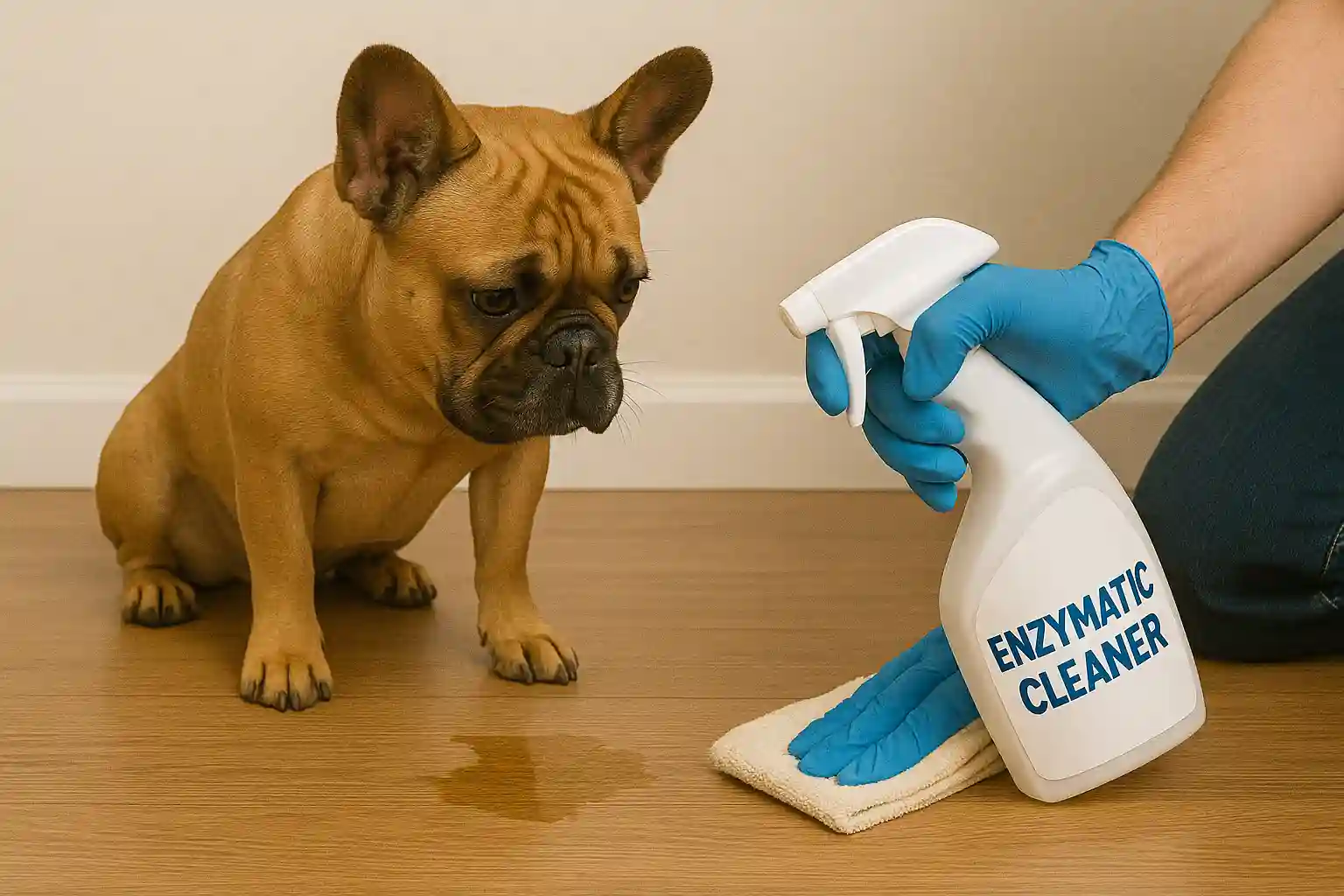 Properly cleaning French Bulldog accident with enzymatic cleaner to prevent repeat marking