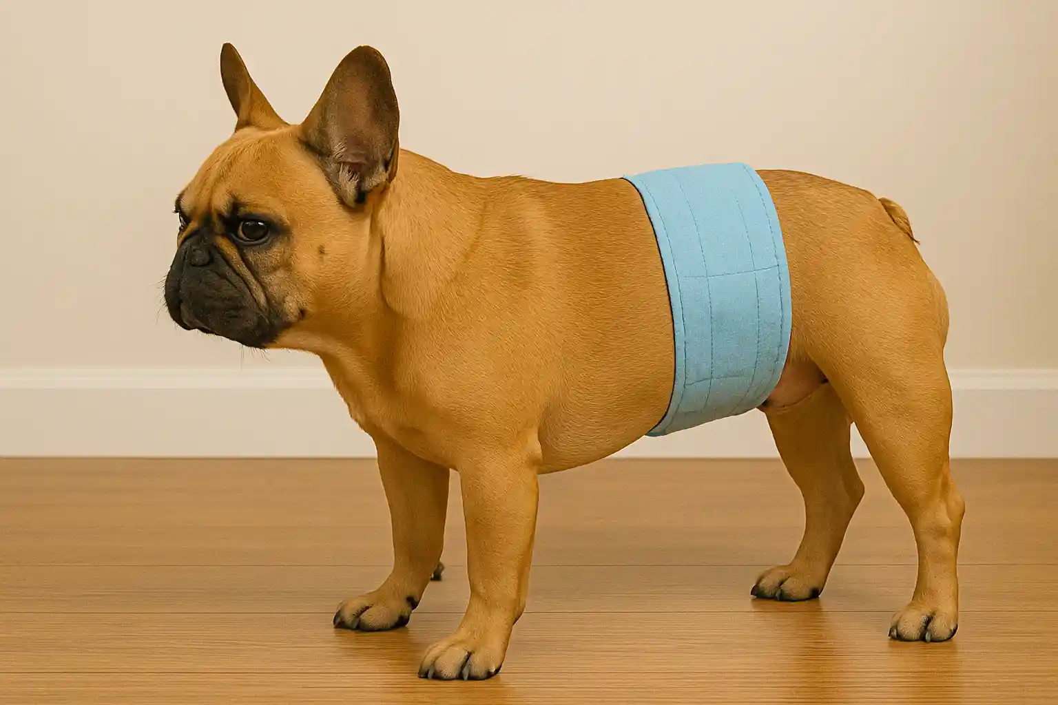 Male French Bulldog wearing belly band during potty training to prevent indoor marking