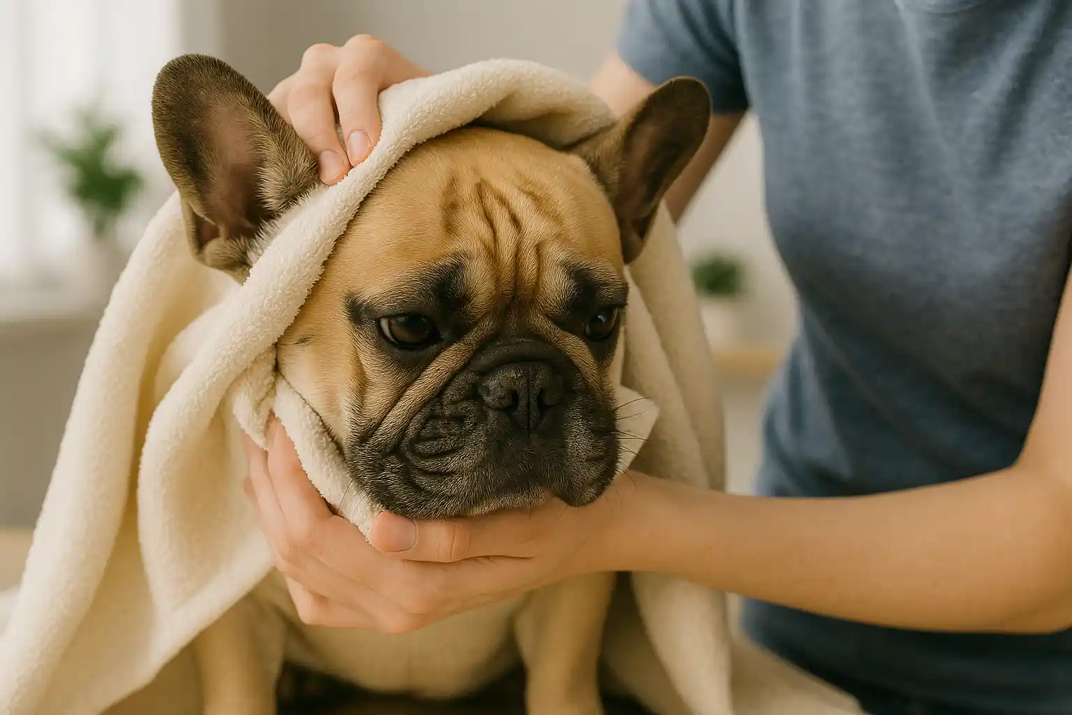 person gently drying French Bulldog with soft towel focused on wrinkles