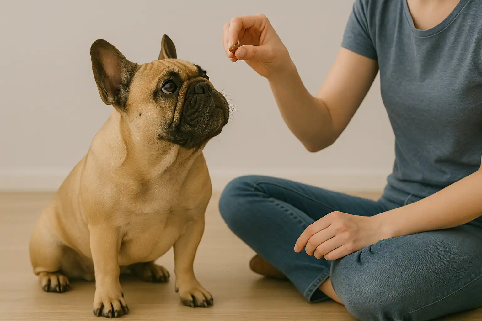 person using positive reinforcement to train French Bulldog with treats