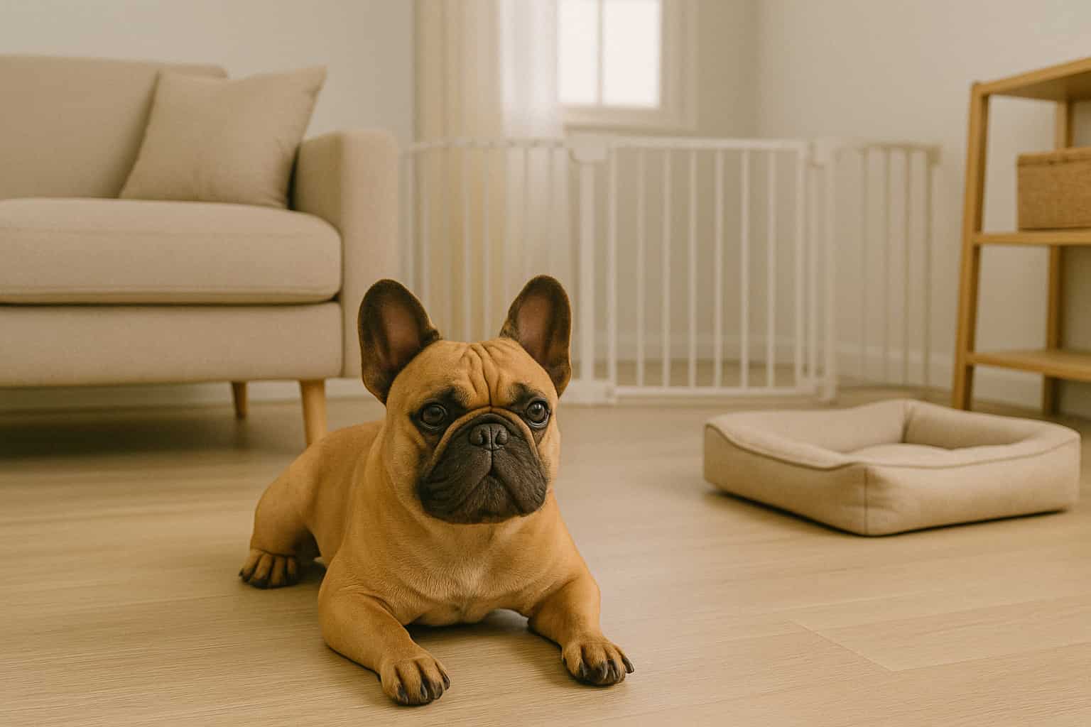 French Bulldog resting in dog-proofed living room with pet gate visible