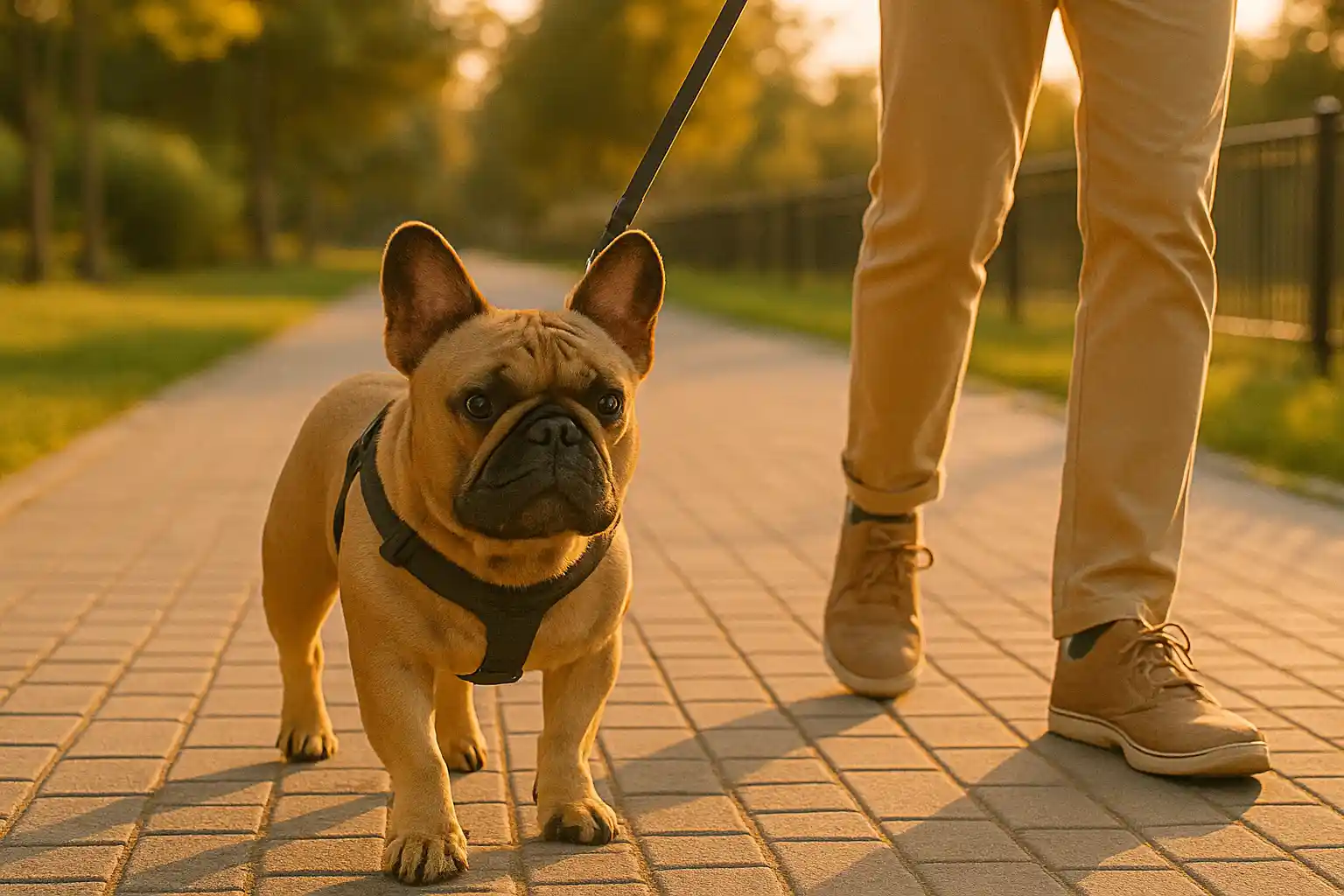 person walking French Bulldog on harness in morning or evening light