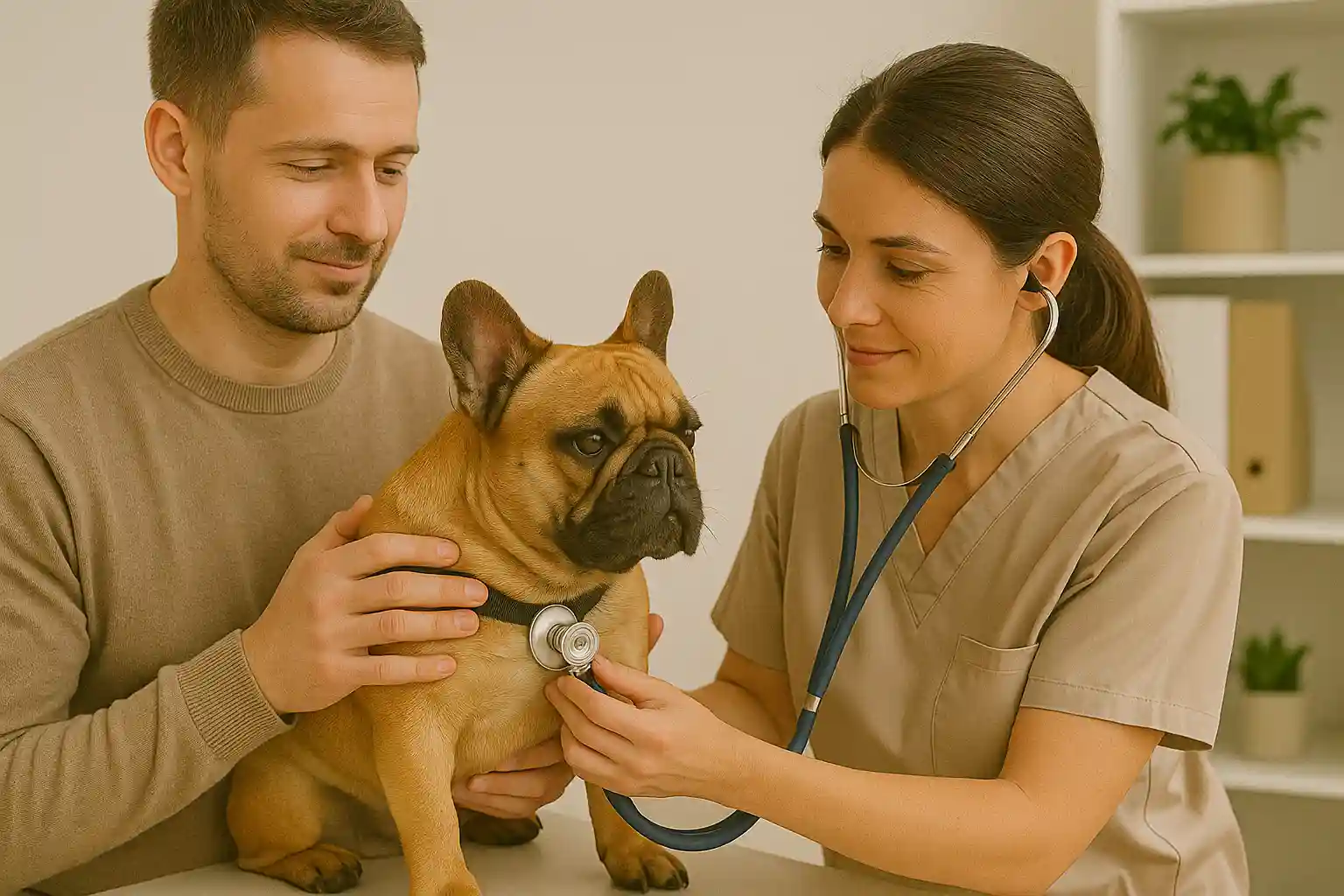 ![French Bulldog at veterinary examination](image-suggestion: veterinarian listening to French Bulldog's heart with stethoscope while owner comforts dog, alt text: "French Bulldog receiving thorough veterinary examination - regular health checks are essential when learning how to take care of a French Bulldog")