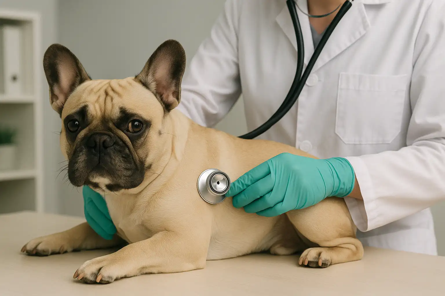 French Bulldog being examined by veterinarian with stethoscope