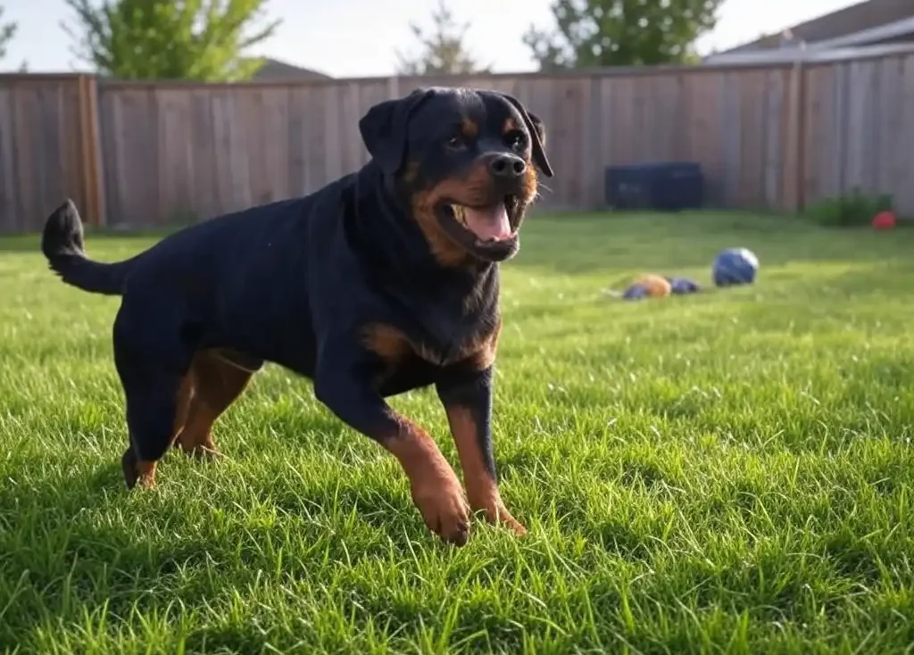 Rottweiler resting in secure fenced yard with interactive toys showing essential space requirements