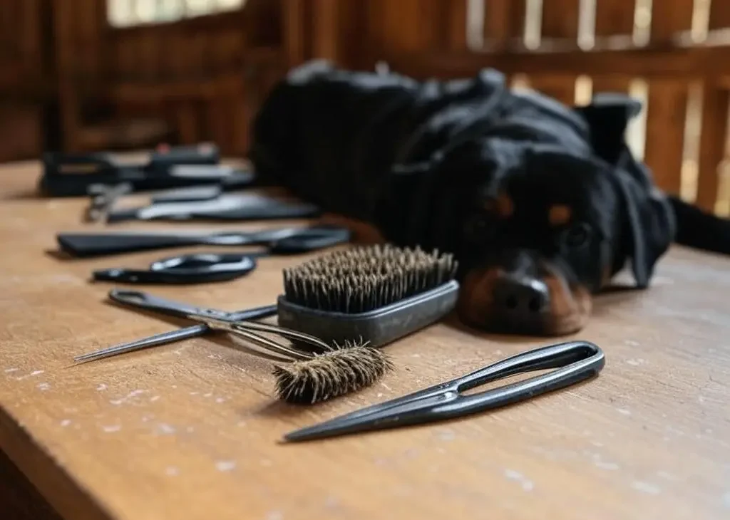 Essential Rottweiler grooming tools including rubber brush, deshedding tool, and nail clippers for proper care