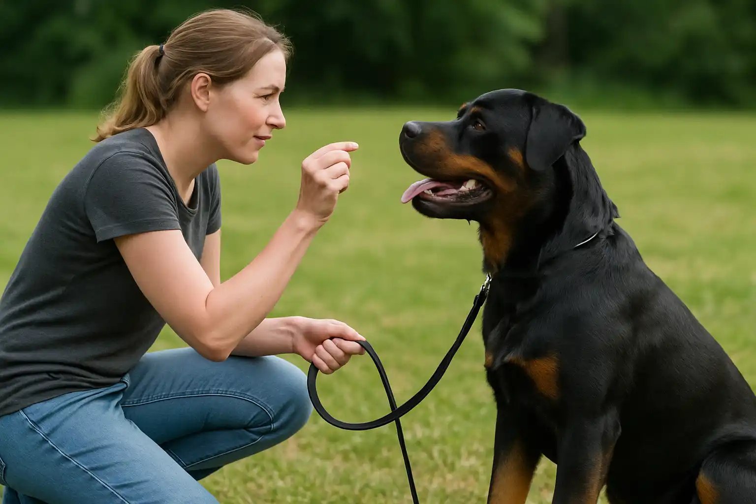 Rottweiler training session using positive reinforcement techniques with treats and clear hand signals