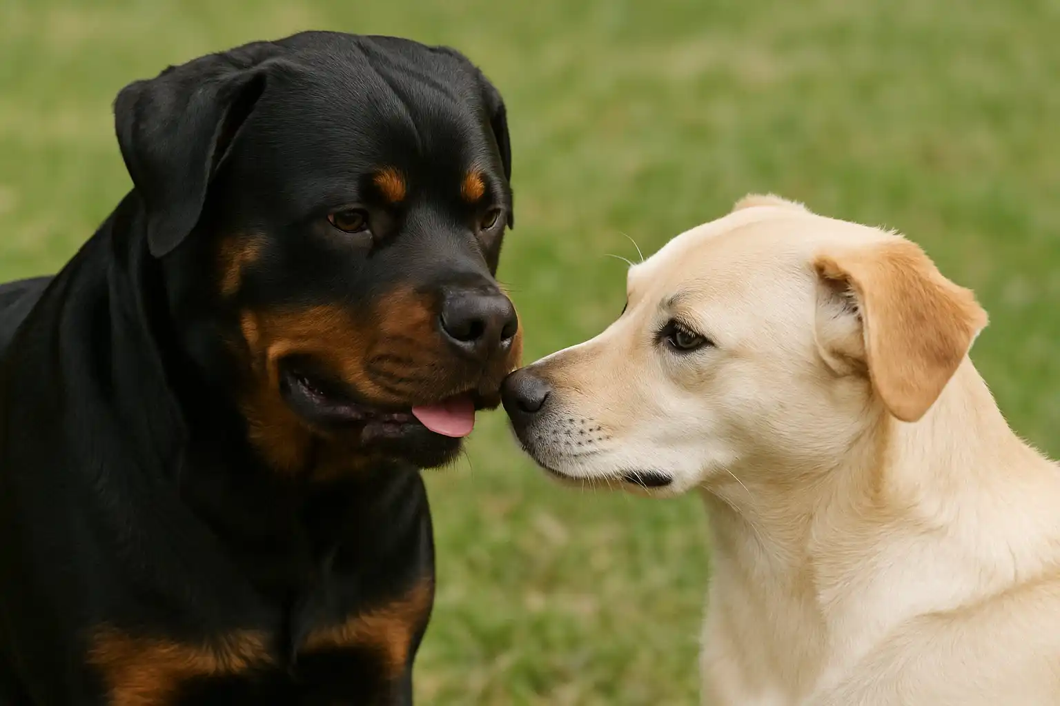 Well-socialized Rottweiler properly greeting another dog showing successful canine socialization techniques