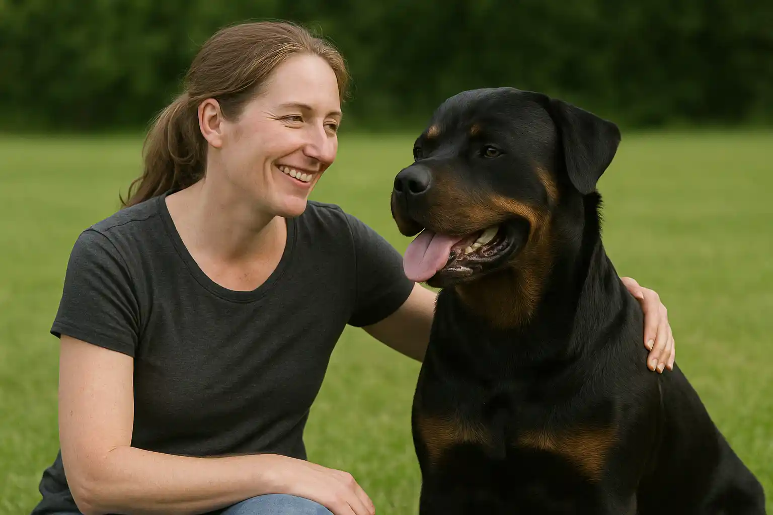 Owner bonding with Rottweiler during outdoor activity showing strong human-canine relationship