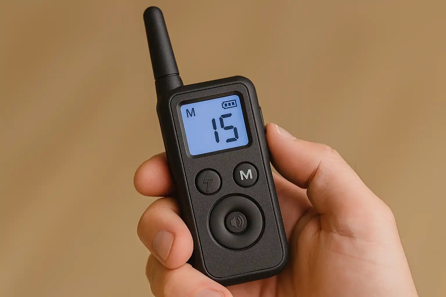 Modern e-collar remote control showing settings used to train dog with e-collar at appropriate stimulation levels