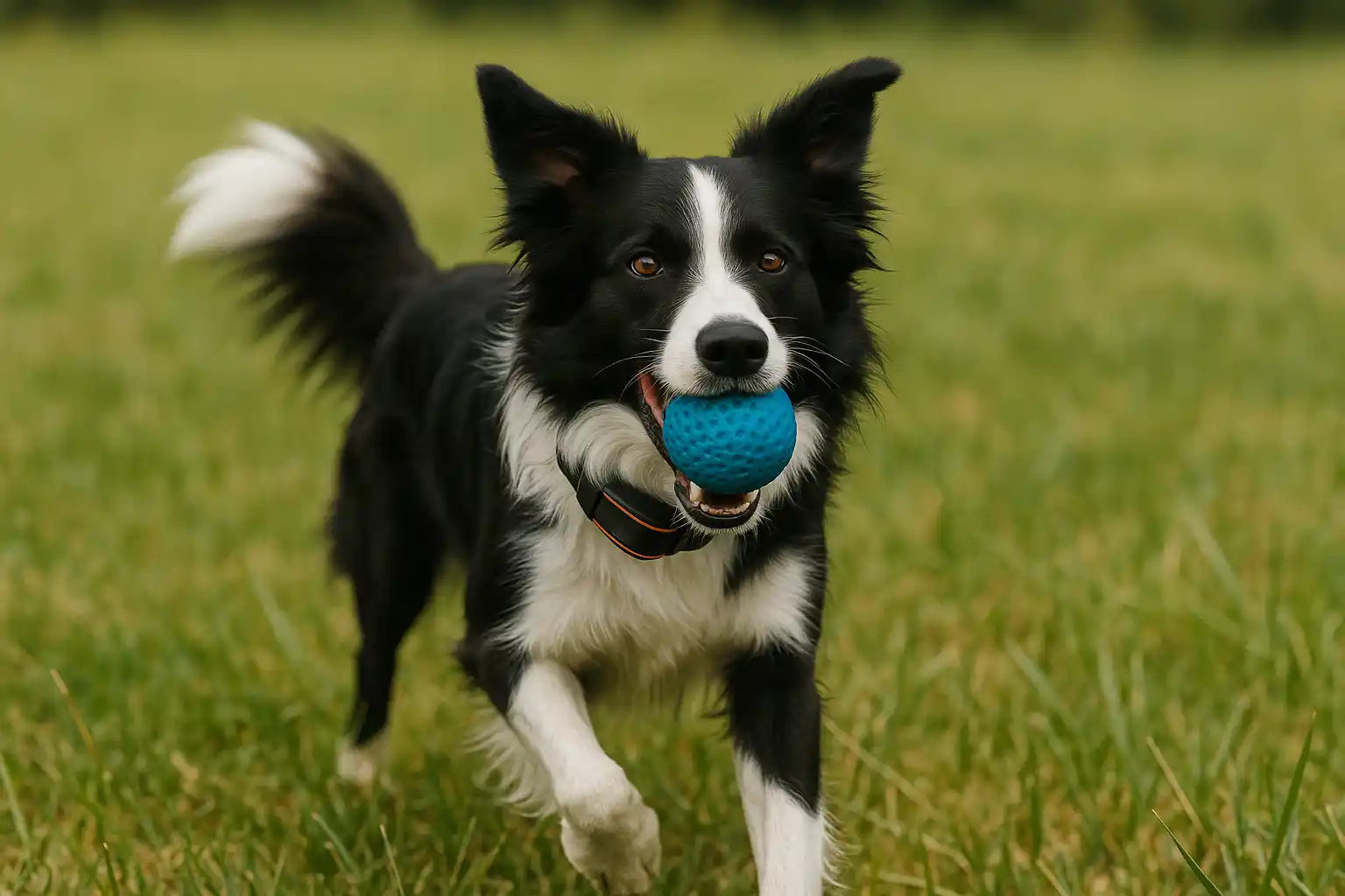 Border Collie wearing e-collar during play, showing positive association when learning how to train dog with e-collar
