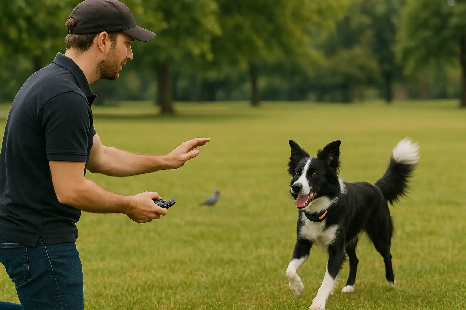 Trainer demonstrating how to train dog with e-collar for off-leash reliability in park with distractions