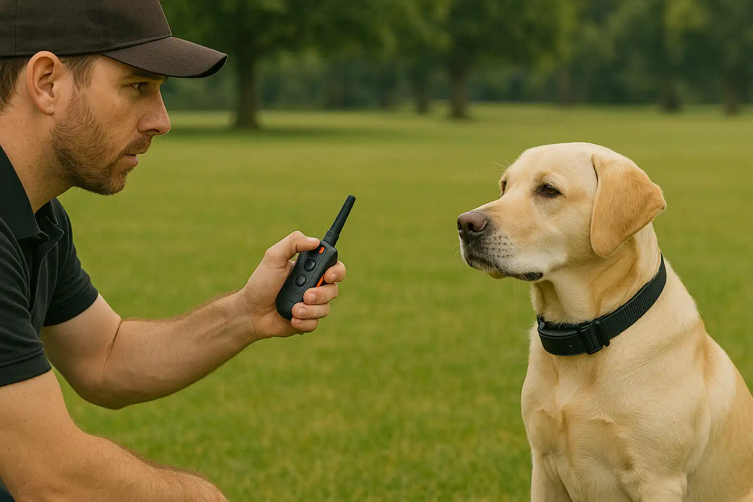 Professional trainer demonstrating precise timing when using e-collar remote to train dog with e-collar methods