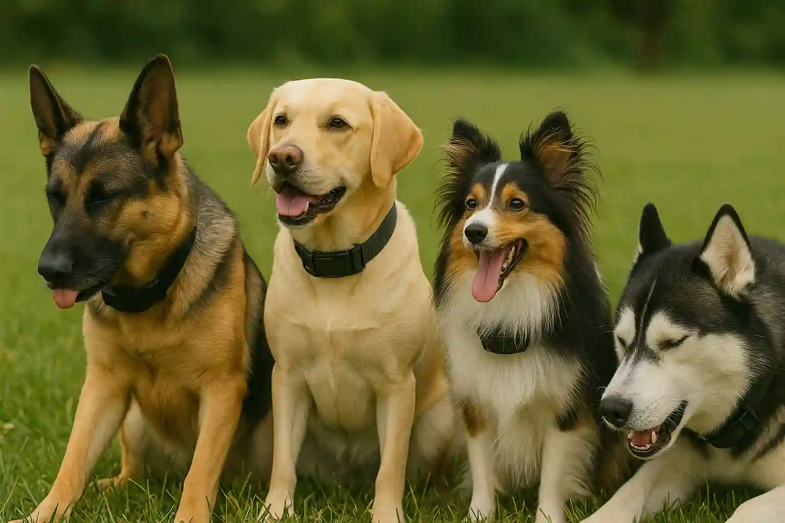 Different dog breeds showing varying responses when learning how to train dog with e-collar techniques