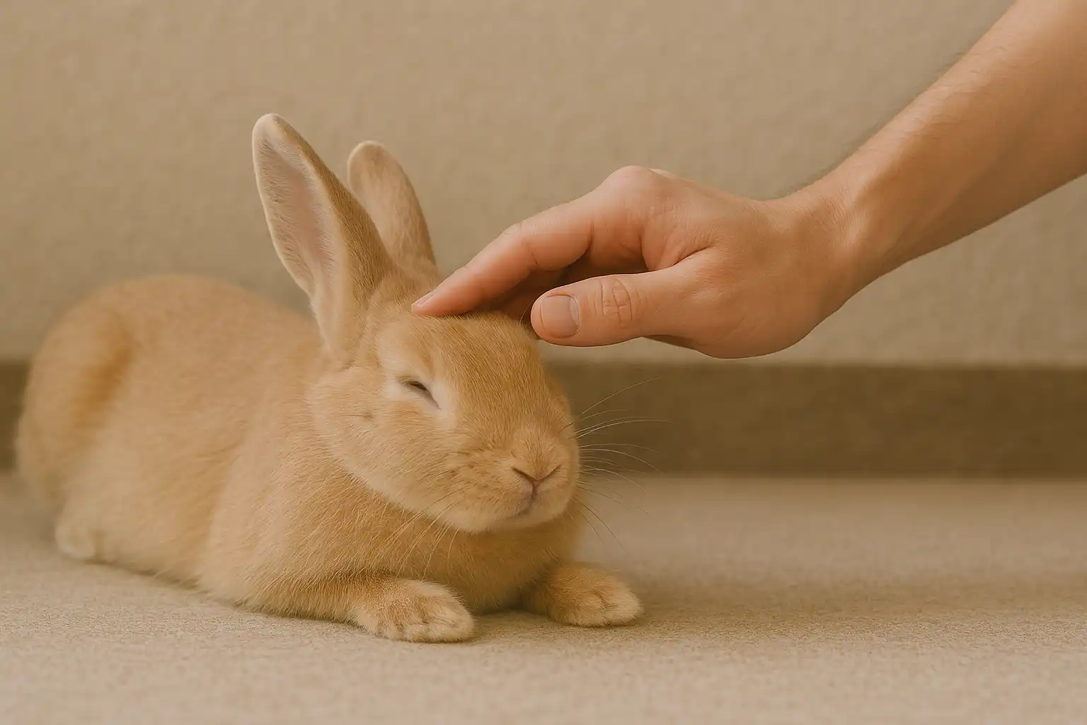 Person petting rabbit's head with rabbit showing relaxed trusting behavior