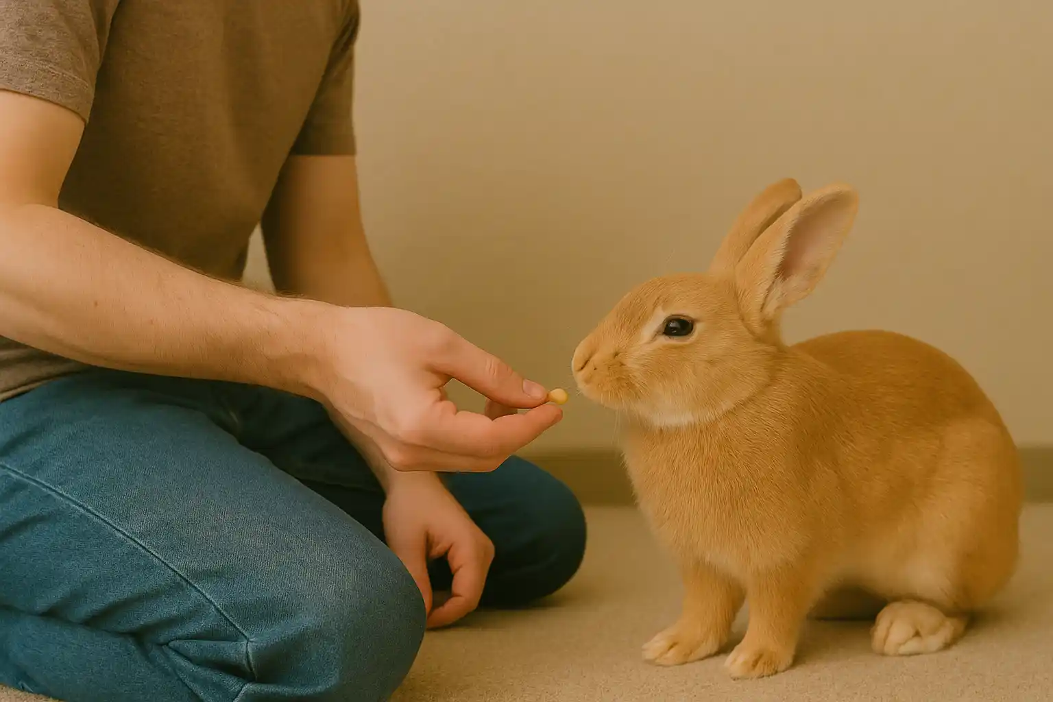 Person building trust with rabbit by sitting at floor level offering treat