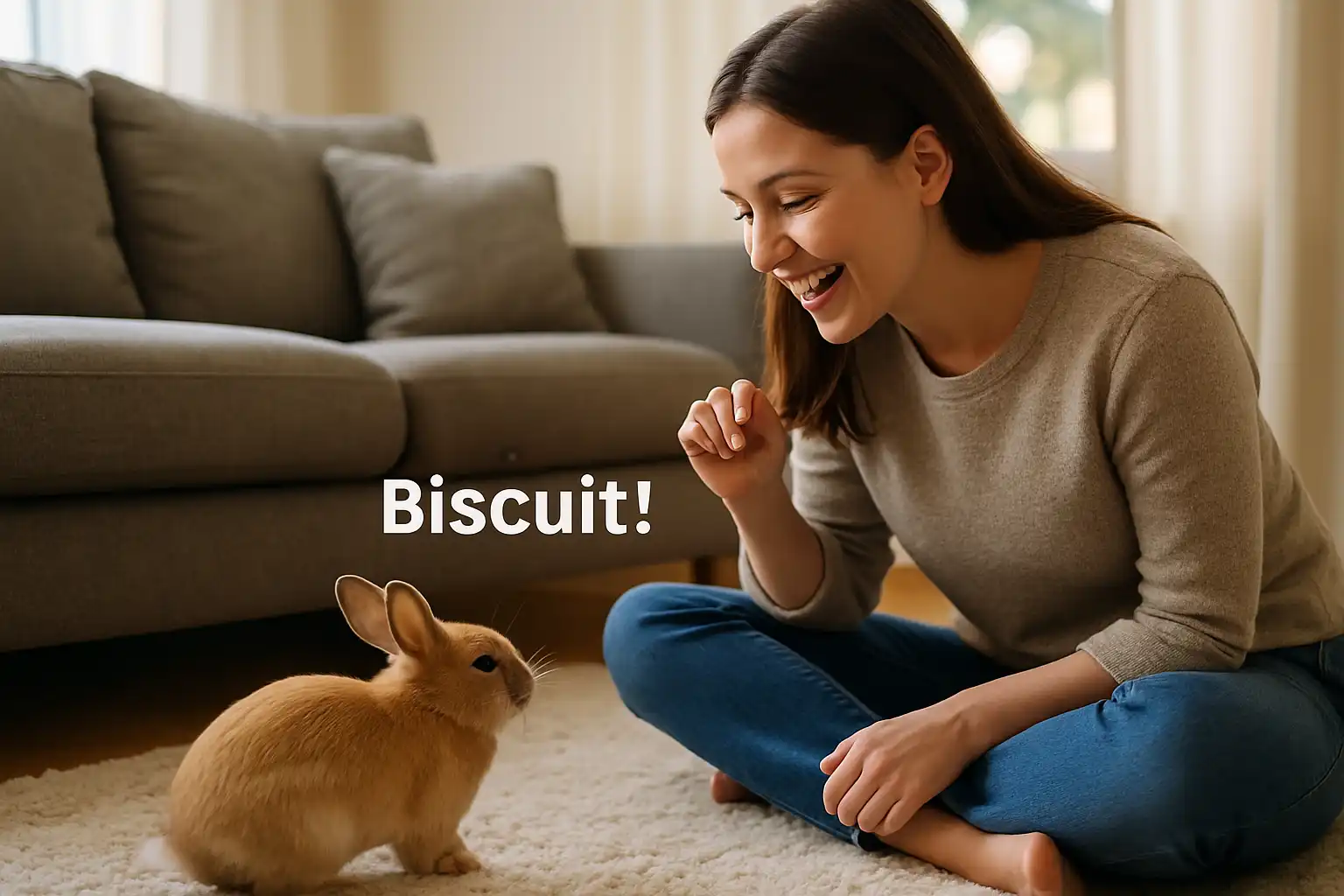 Person calling their bunny by name during bonding session showing naming importance