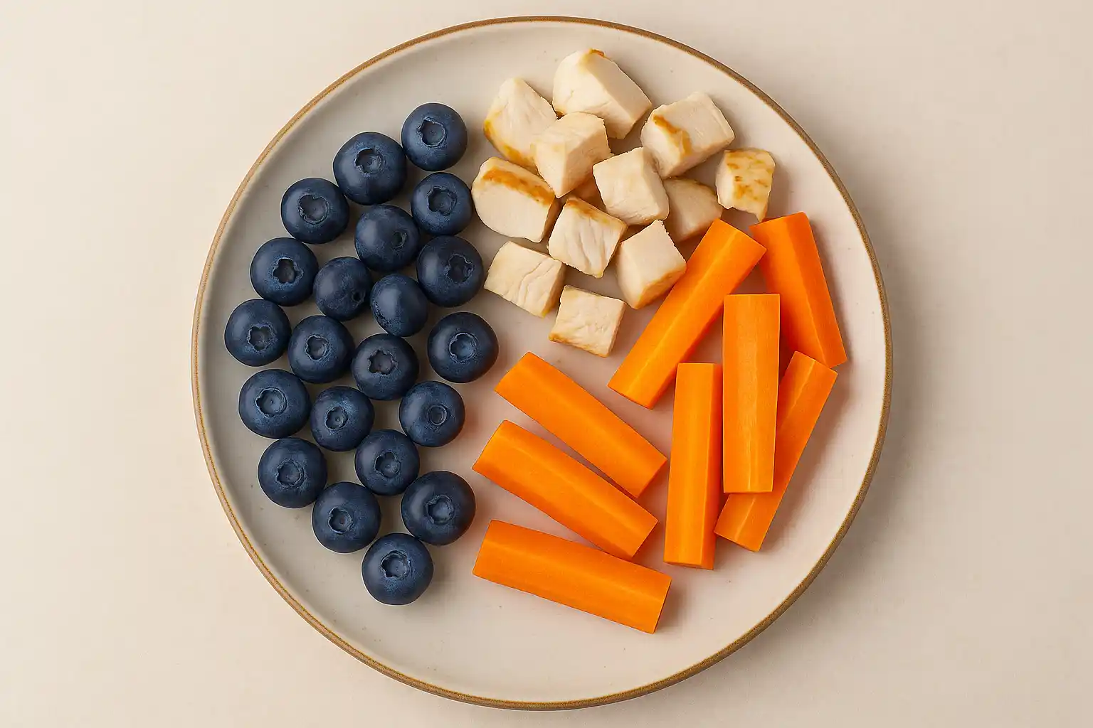 Natural French Bulldog treats including blueberries, chicken pieces, and carrot sticks on a serving plate