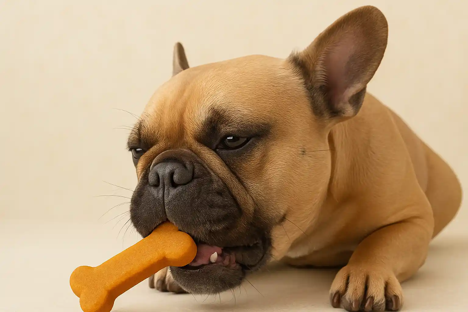 French Bulldog happily eating a hypoallergenic treat made with novel protein