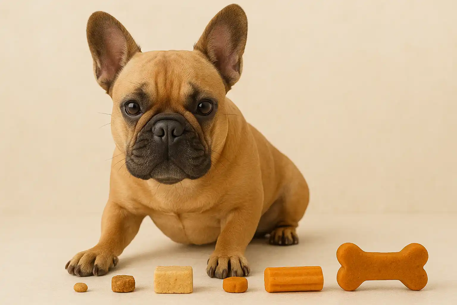French Bulldog with variety of appropriately sized treats showing proper portion scale